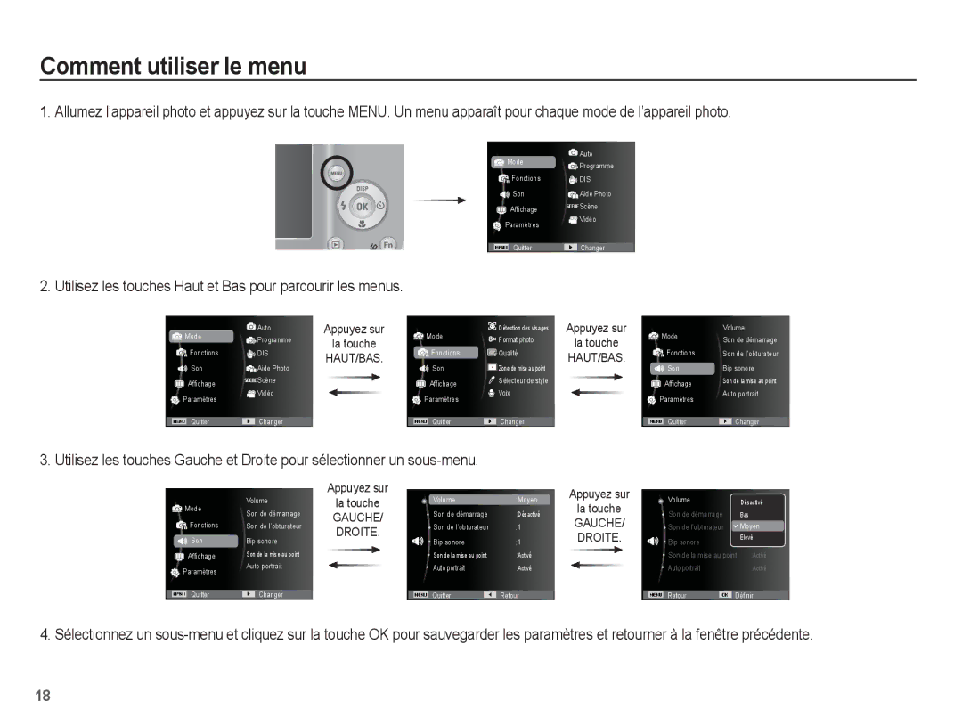 Samsung EC-ES10ZSBA/FR, EC-ES10ZBBA/FR Comment utiliser le menu, Utilisez les touches Haut et Bas pour parcourir les menus 