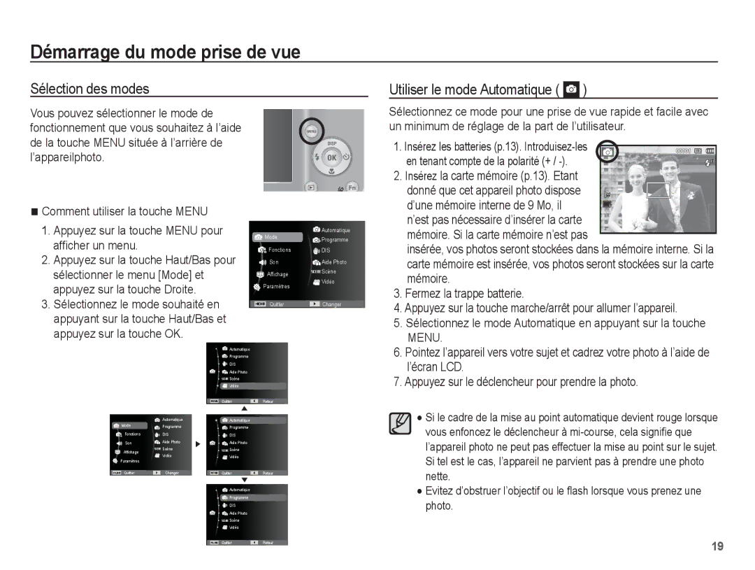 Samsung EC-ES10ZBBA/FR manual Démarrage du mode prise de vue, Sélection des modes Utiliser le mode Automatique, ’écran LCD 