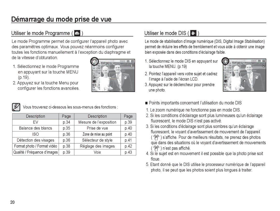 Samsung EC-ES10ZWBA/FR, EC-ES10ZBBA/FR, EC-ES10ZPBA/FR, EC-ES10ZSBA/FR manual Utiliser le mode Programme, Utiliser le mode DIS 