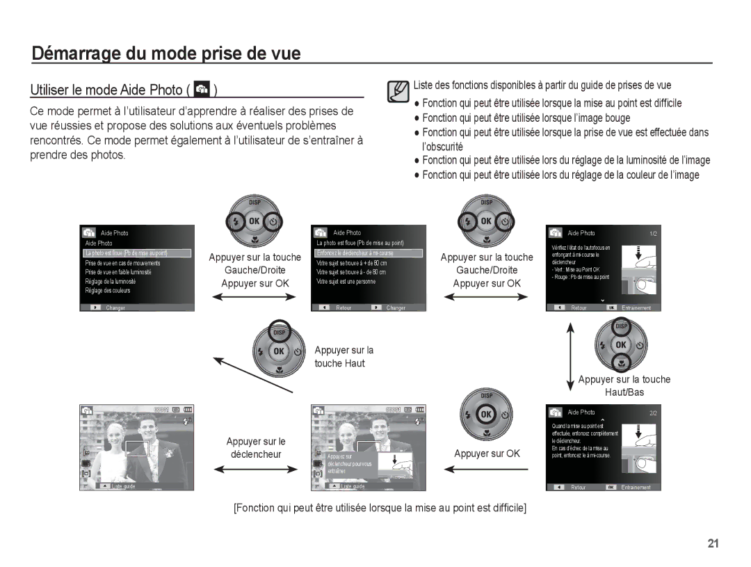 Samsung EC-ES10ZPBA/FR manual Utiliser le mode Aide Photo, Appuyer sur la touche Haut/Bas Appuyer sur le Déclencheur 