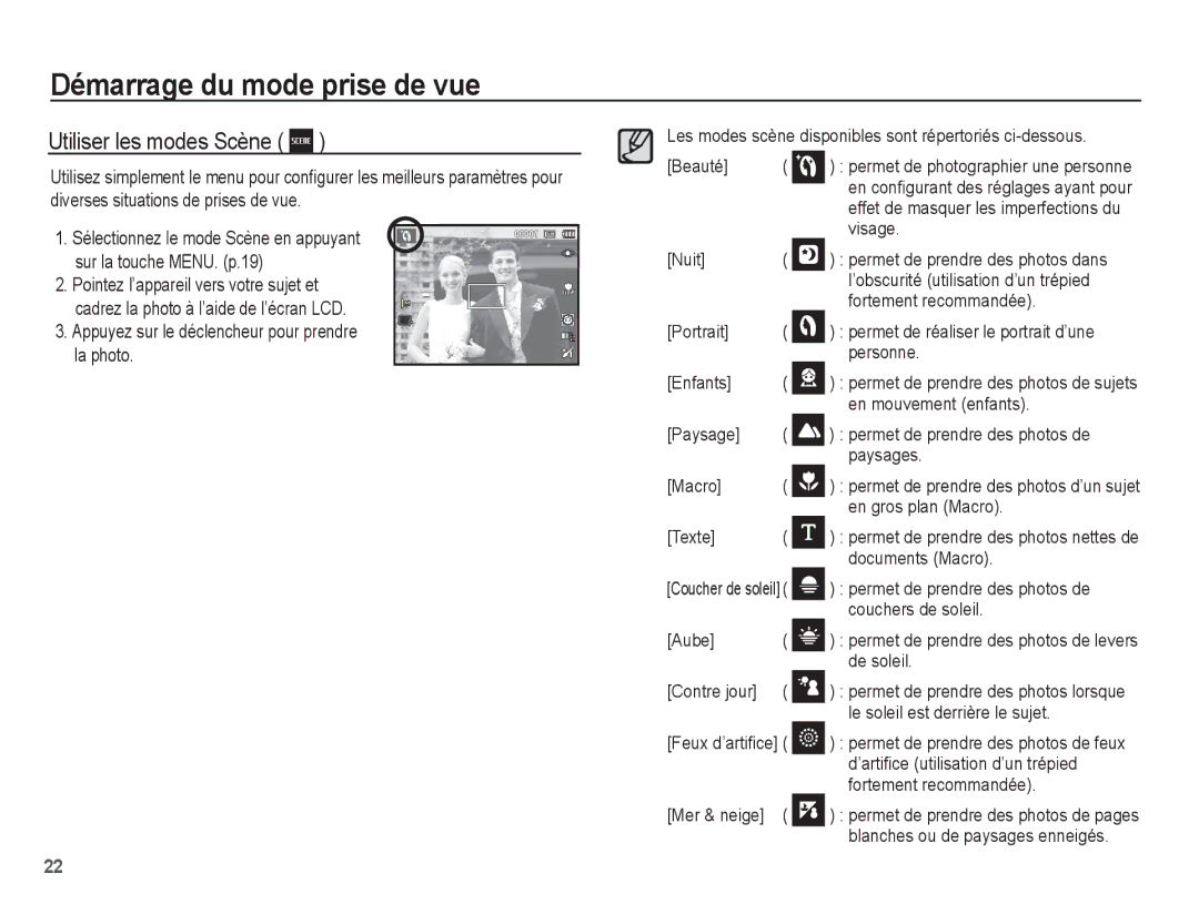 Samsung EC-ES10ZSBA/FR, EC-ES10ZBBA/FR, EC-ES10ZWBA/FR, EC-ES10ZPBA/FR manual Utiliser les modes Scène 