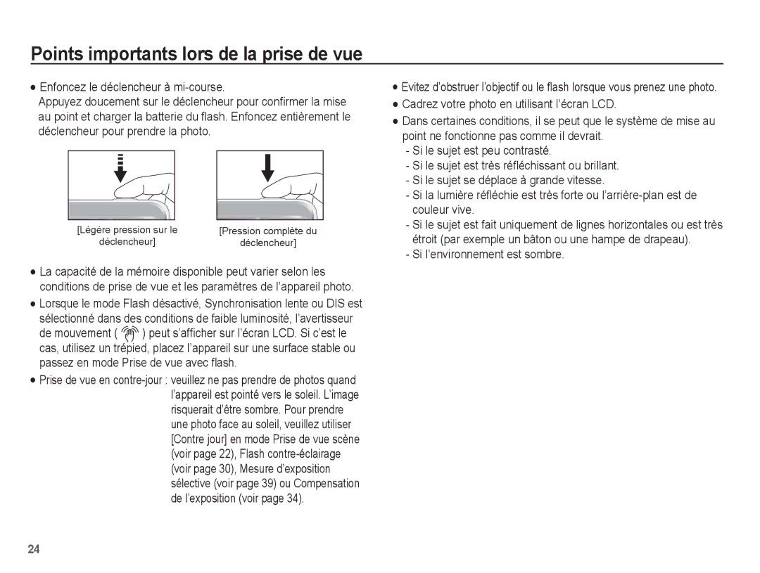 Samsung EC-ES10ZWBA/FR, EC-ES10ZBBA/FR manual Points importants lors de la prise de vue, Enfoncez le déclencheur à mi-course 