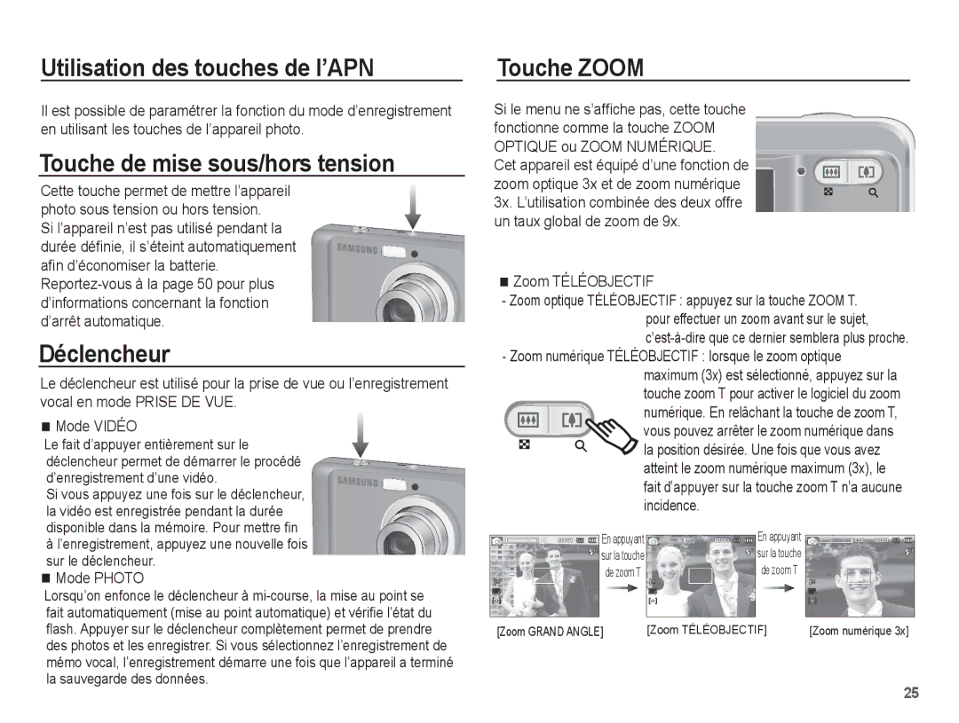 Samsung EC-ES10ZPBA/FR manual Utilisation des touches de l’APN, Touche de mise sous/hors tension, Déclencheur, Touche Zoom 