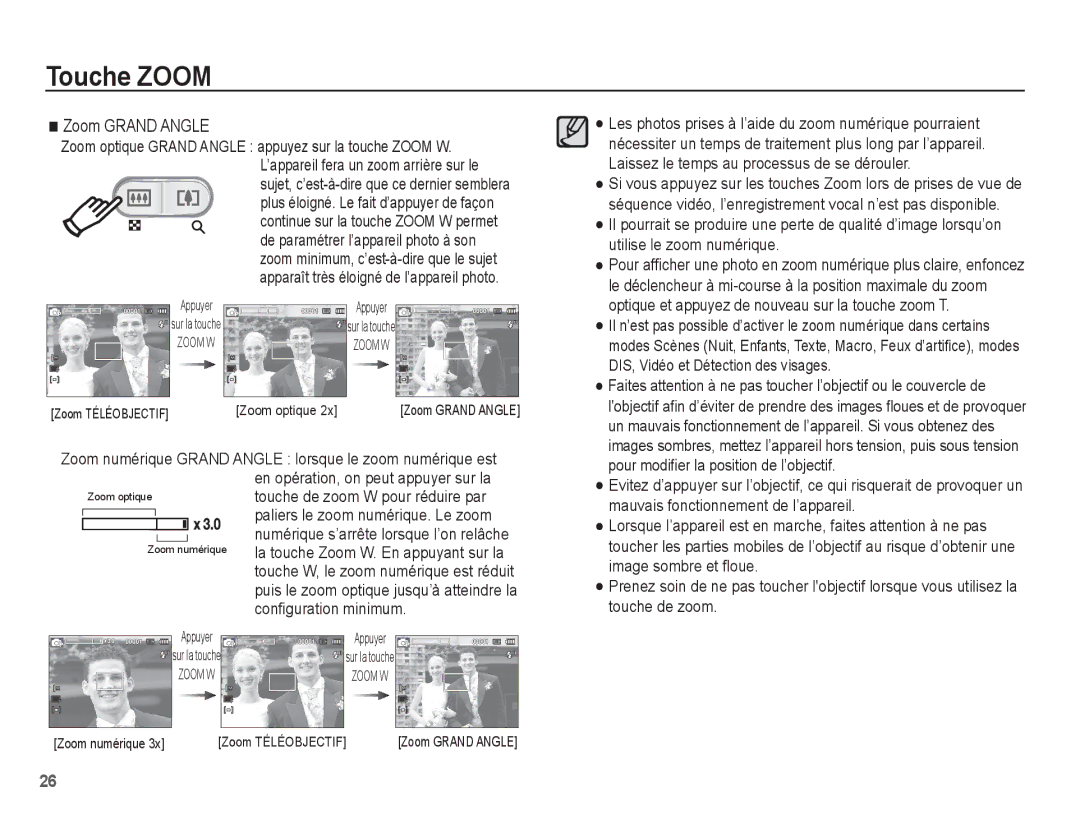 Samsung EC-ES10ZSBA/FR, EC-ES10ZBBA/FR, EC-ES10ZWBA/FR, EC-ES10ZPBA/FR manual Zoom Grand Angle, Conﬁguration minimum 