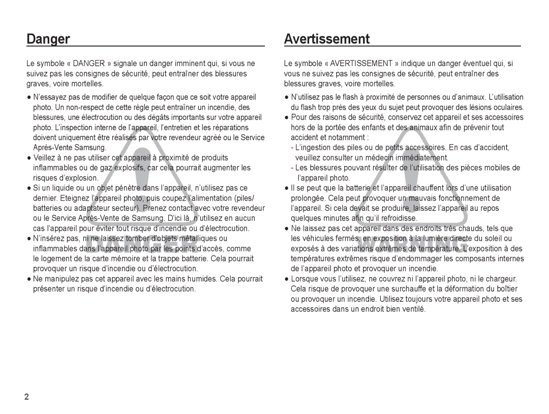 Samsung EC-ES10ZSBA/FR, EC-ES10ZBBA/FR, EC-ES10ZWBA/FR, EC-ES10ZPBA/FR manual Avertissement 