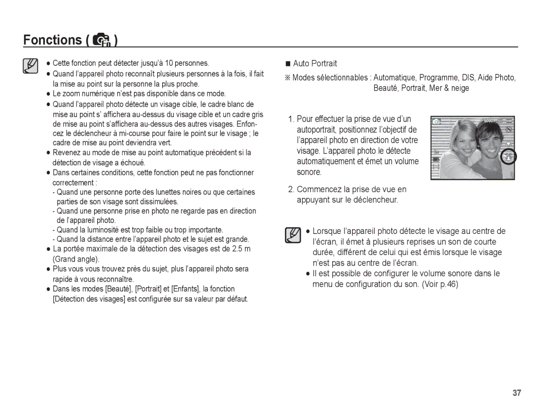 Samsung EC-ES10ZPBA/FR, EC-ES10ZBBA/FR, EC-ES10ZWBA/FR Auto Portrait, Cette fonction peut détecter jusqu’à 10 personnes 