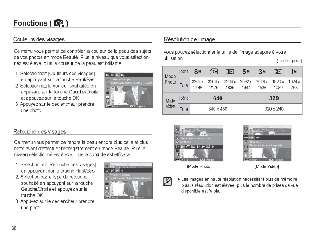 Samsung EC-ES10ZSBA/FR, EC-ES10ZBBA/FR manual Couleurs des visages Résolution de l’image, Retouche des visages, Une photo 