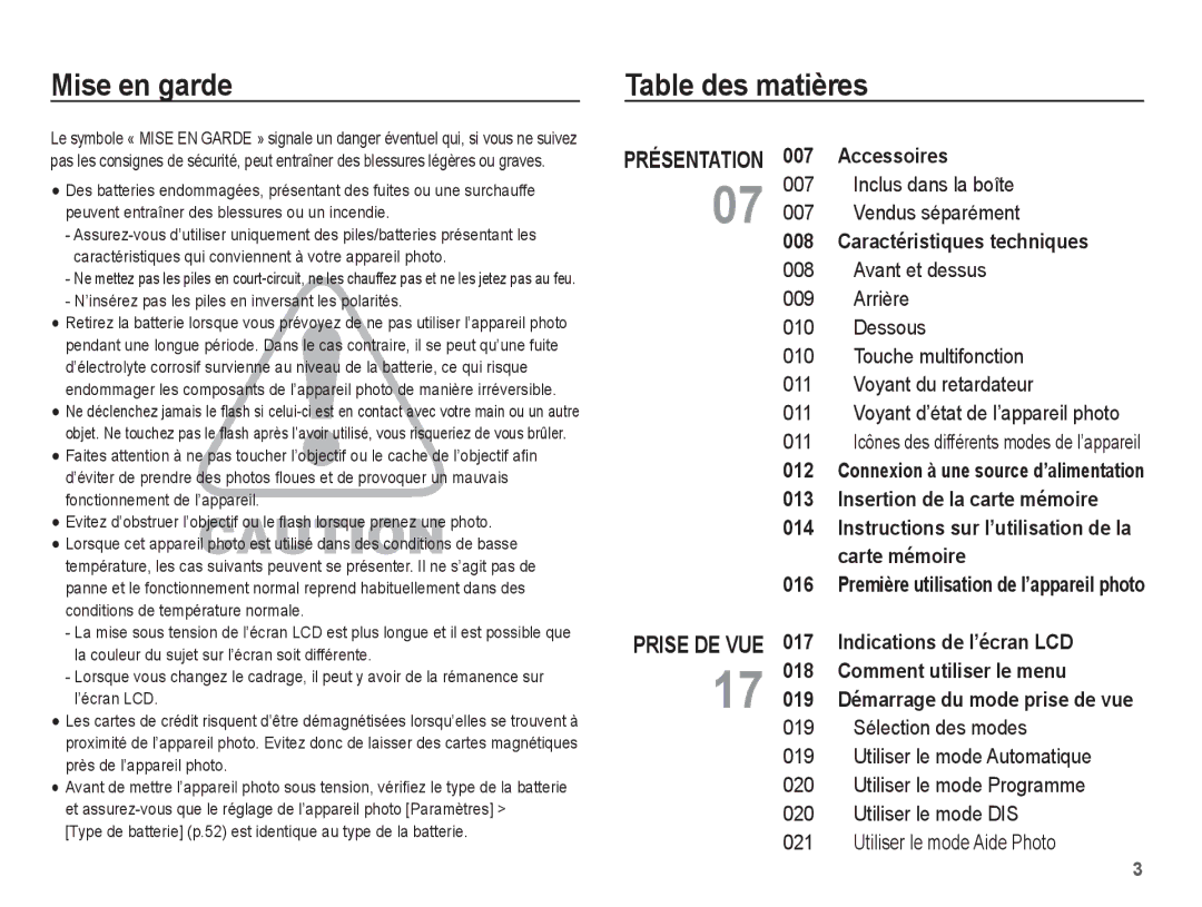 Samsung EC-ES10ZBBA/FR, EC-ES10ZWBA/FR, EC-ES10ZPBA/FR, EC-ES10ZSBA/FR manual Mise en garde, Table des matières 