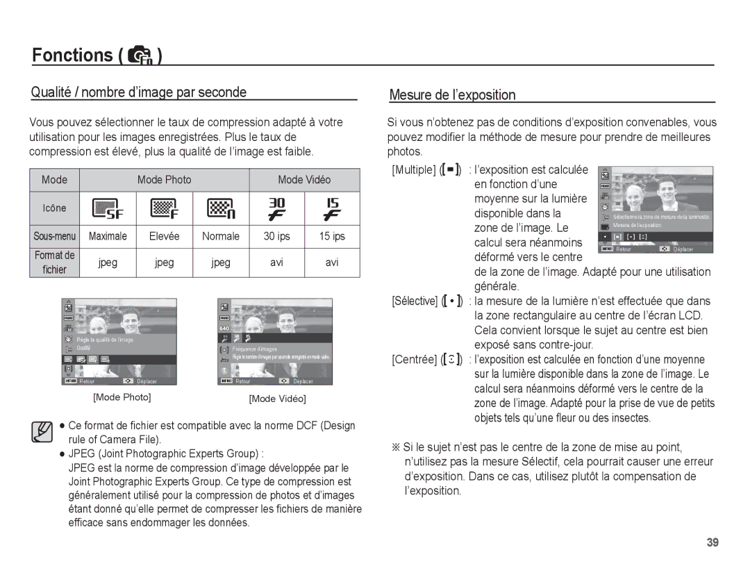 Samsung EC-ES10ZBBA/FR manual Qualité / nombre d’image par seconde, Mesure de l’exposition, Zone de l’image. Le, Générale 