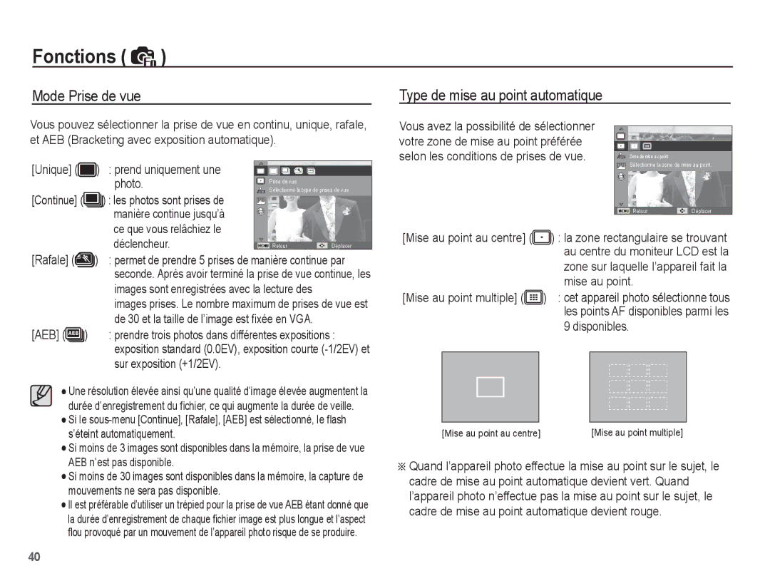 Samsung EC-ES10ZWBA/FR, EC-ES10ZBBA/FR, EC-ES10ZPBA/FR, EC-ES10ZSBA/FR Mode Prise de vue Type de mise au point automatique 