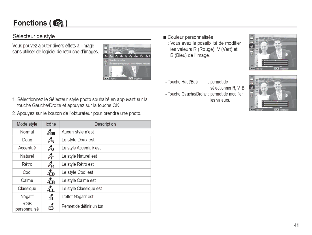 Samsung EC-ES10ZPBA/FR, EC-ES10ZBBA/FR Sélecteur de style, Permet de, Touche Gauche/Droite permet de modiﬁer Les valeurs 