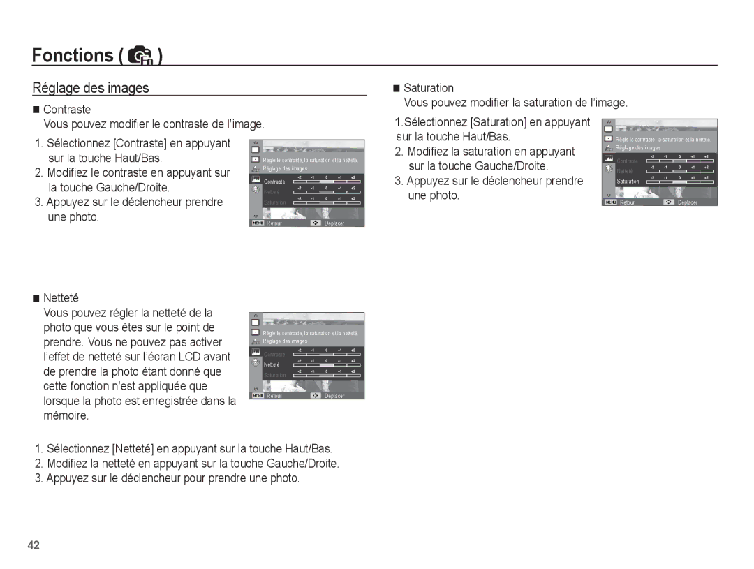 Samsung EC-ES10ZSBA/FR, EC-ES10ZBBA/FR, EC-ES10ZWBA/FR, EC-ES10ZPBA/FR Réglage des images, Sur la touche Haut/Bas, Netteté 