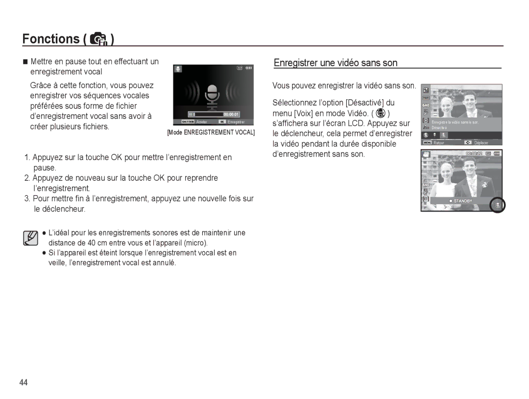 Samsung EC-ES10ZWBA/FR manual ’enregistrement sans son, Mettre en pause tout en effectuant un enregistrement vocal 