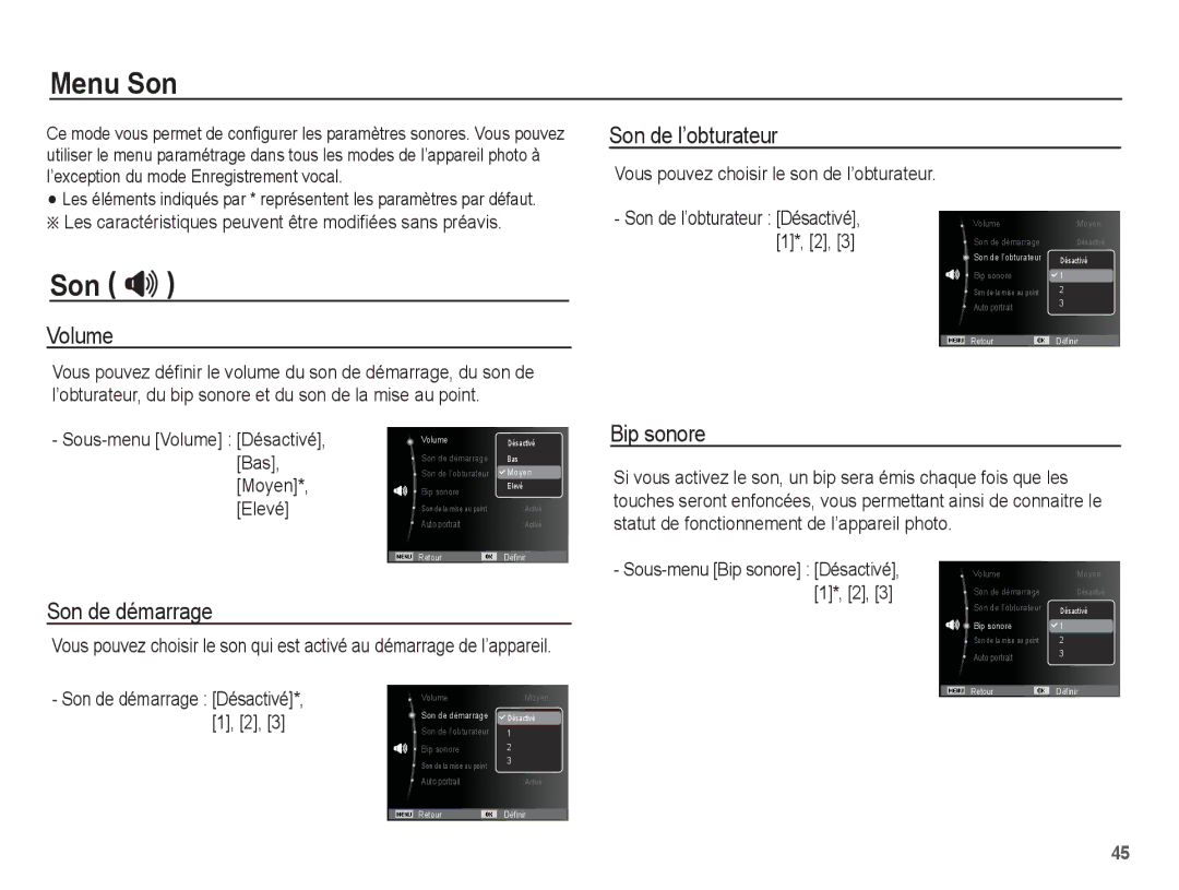 Samsung EC-ES10ZPBA/FR, EC-ES10ZBBA/FR, EC-ES10ZWBA/FR, EC-ES10ZSBA/FR manual Menu Son, Son  