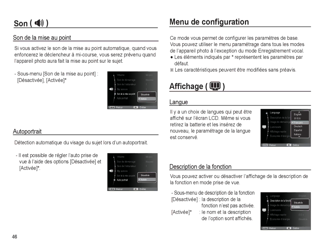 Samsung EC-ES10ZSBA/FR, EC-ES10ZBBA/FR, EC-ES10ZWBA/FR, EC-ES10ZPBA/FR manual Menu de conﬁguration, Afﬁchage 