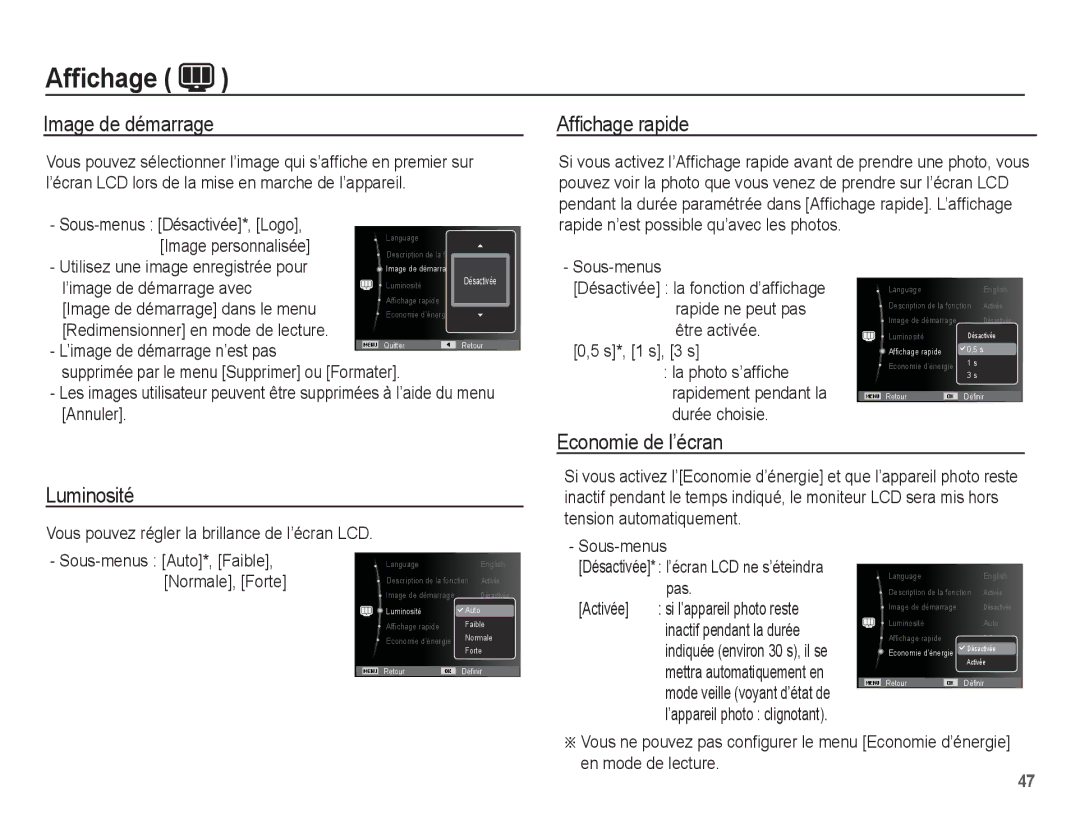 Samsung EC-ES10ZBBA/FR, EC-ES10ZWBA/FR, EC-ES10ZPBA/FR Image de démarrage, Afﬁchage rapide, Luminosité Economie de l’écran 