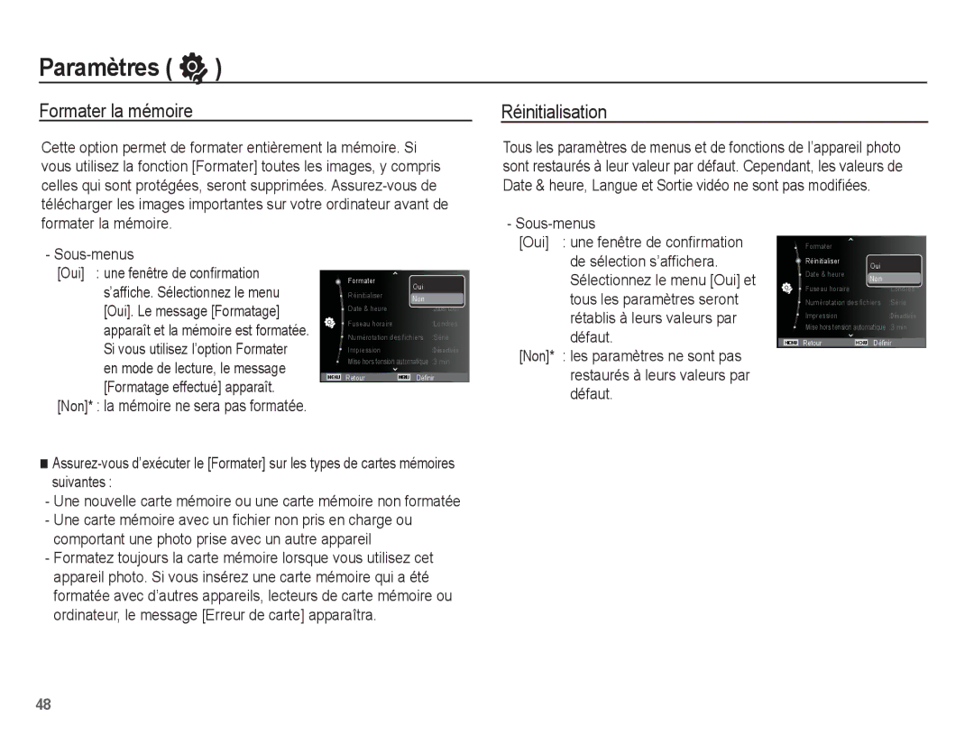 Samsung EC-ES10ZWBA/FR, EC-ES10ZBBA/FR, EC-ES10ZPBA/FR, EC-ES10ZSBA/FR Paramètres, Formater la mémoire, Réinitialisation 