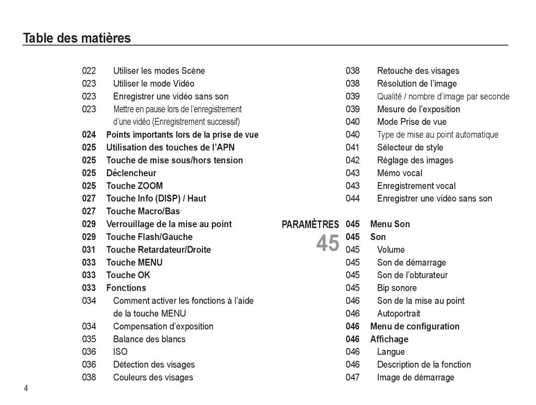 Samsung EC-ES10ZWBA/FR, EC-ES10ZBBA/FR, EC-ES10ZPBA/FR manual 022, 023, Type de mise au point automatique, 034, 035, 036, 038 