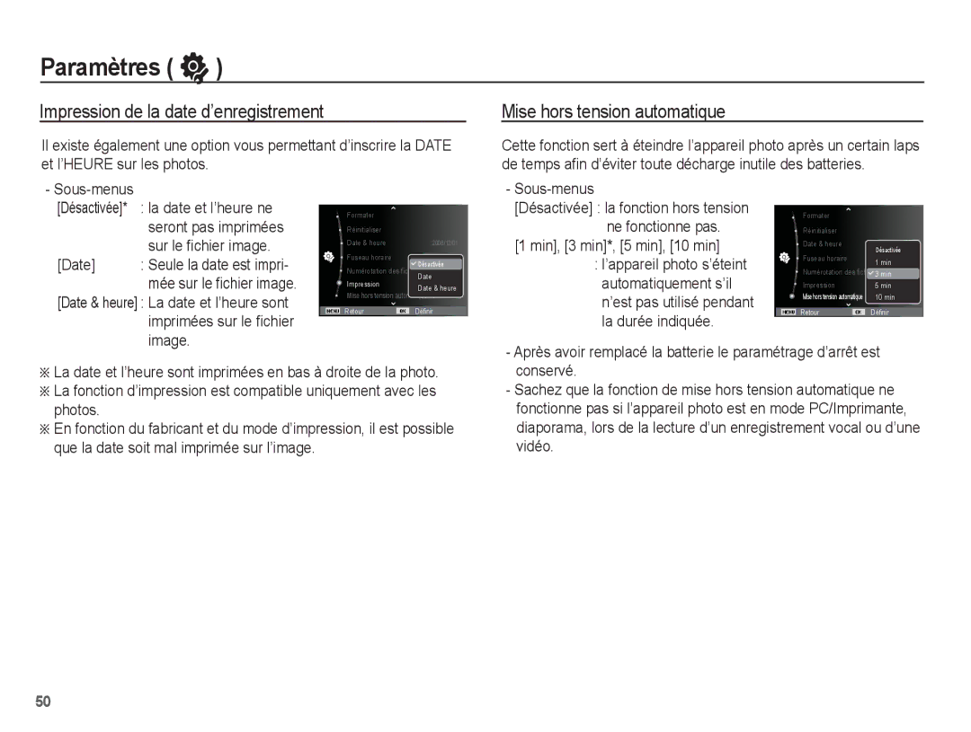 Samsung EC-ES10ZSBA/FR, EC-ES10ZBBA/FR manual Impression de la date d’enregistrement, Mise hors tension automatique 