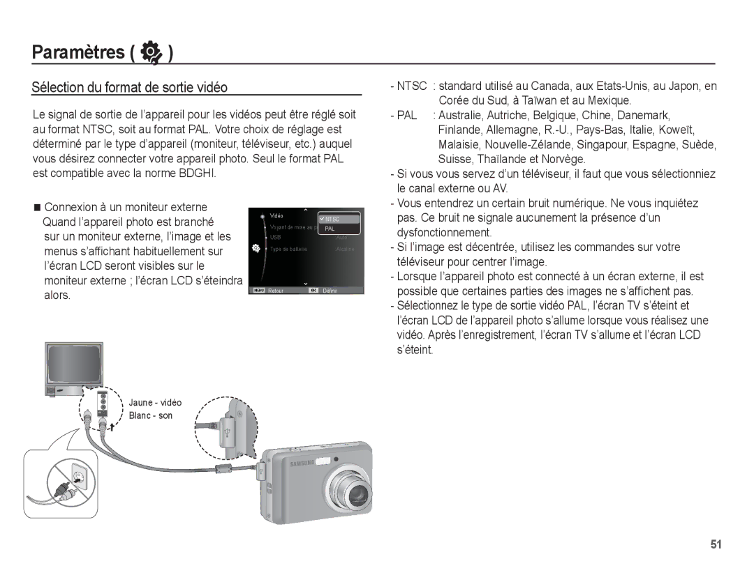 Samsung EC-ES10ZBBA/FR, EC-ES10ZWBA/FR, EC-ES10ZPBA/FR, EC-ES10ZSBA/FR manual Sélection du format de sortie vidéo 