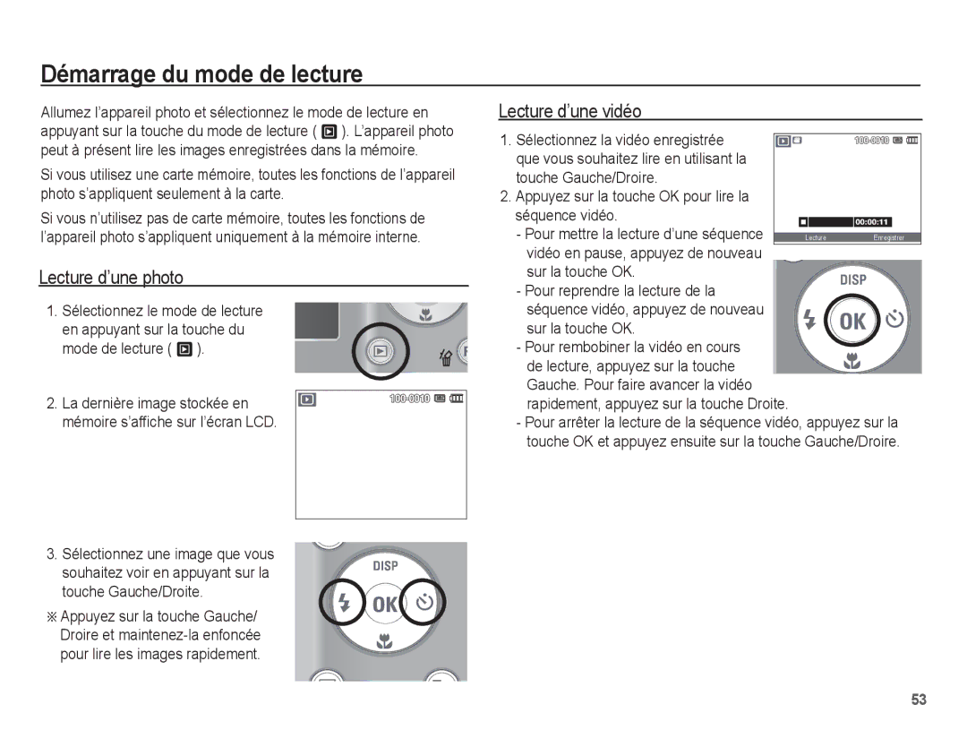 Samsung EC-ES10ZPBA/FR, EC-ES10ZBBA/FR manual Démarrage du mode de lecture, Lecture d’une photo, Lecture d’une vidéo 