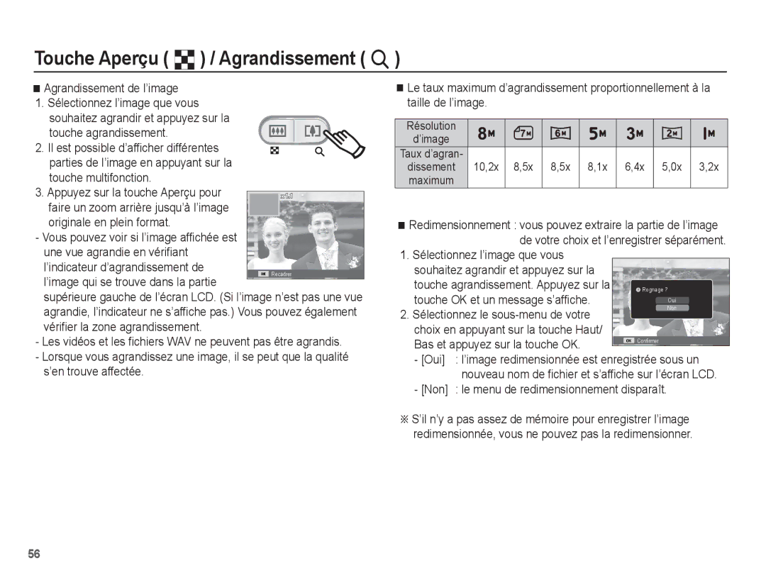 Samsung EC-ES10ZWBA/FR manual Agrandissement de l’image, Touche agrandissement, ’image qui se trouve dans la partie 