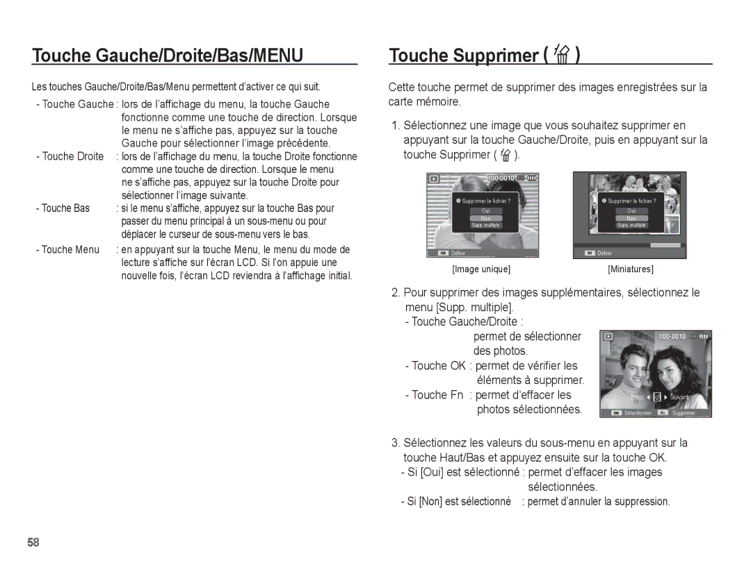 Samsung EC-ES10ZSBA/FR, EC-ES10ZBBA/FR Touche Gauche/Droite/Bas/MENU, Touche Supprimer Õ, Touche Fn permet d’effacer les 