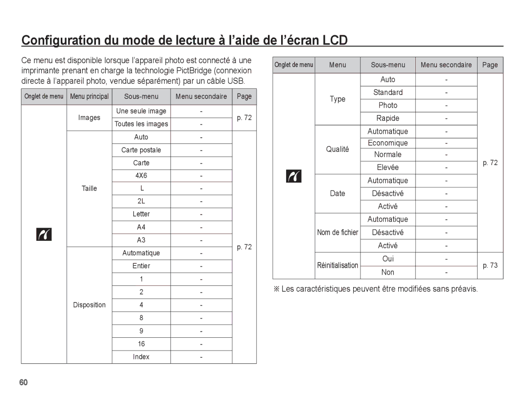 Samsung EC-ES10ZWBA/FR, EC-ES10ZBBA/FR manual Les caractéristiques peuvent être modifiées sans préavis, Menu secondaire 