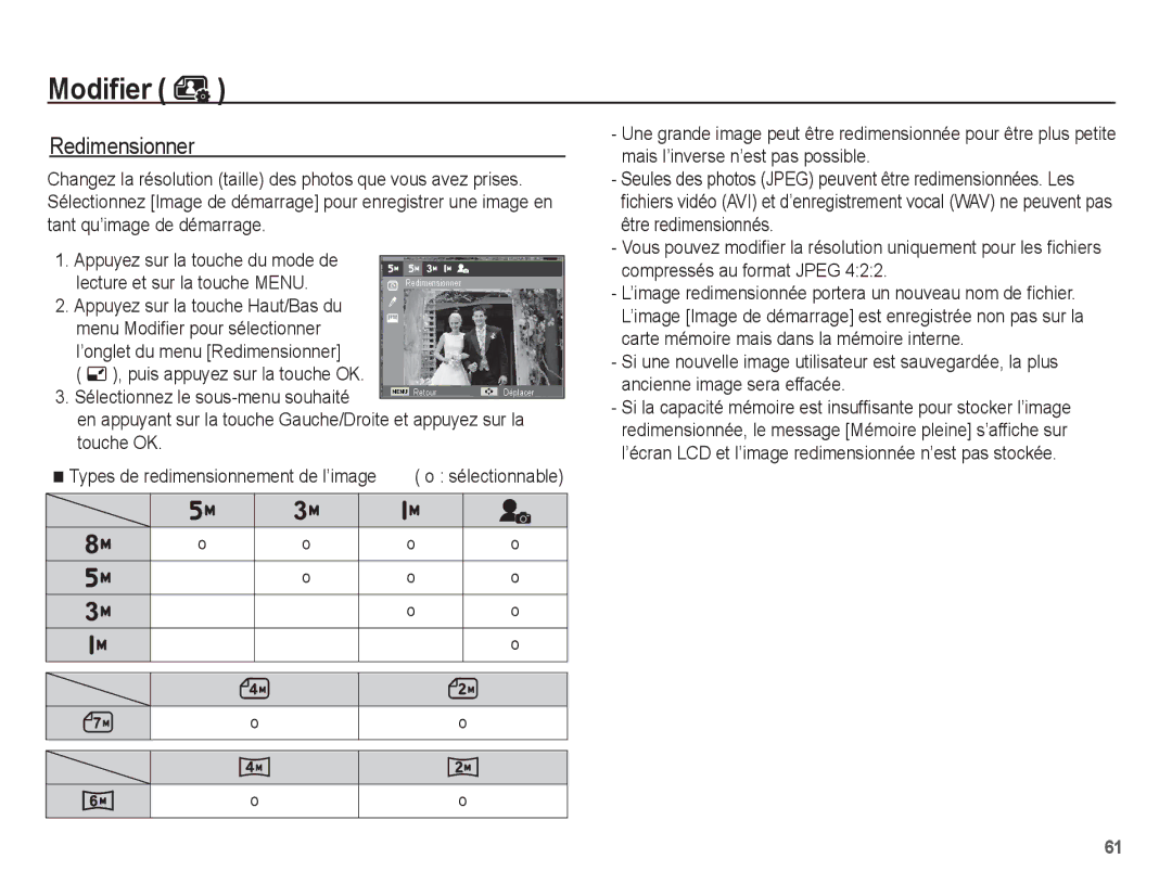 Samsung EC-ES10ZPBA/FR, EC-ES10ZBBA/FR Redimensionner, Lecture et sur la touche Menu, Menu Modifier pour sélectionner 