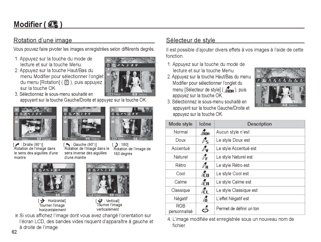 Samsung EC-ES10ZSBA/FR, EC-ES10ZBBA/FR, EC-ES10ZWBA/FR manual Rotation d’une image, Sur la touche OK, 62 à droite de l’image 