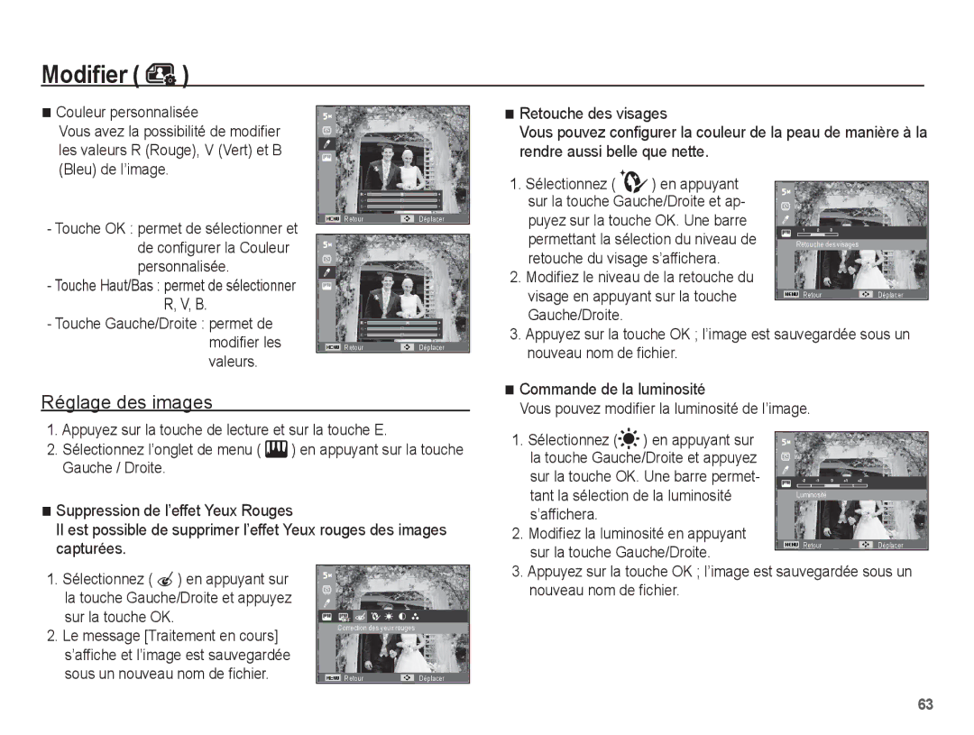 Samsung EC-ES10ZBBA/FR manual Retouche du visage s’affichera, Visage en appuyant sur la touche, Sur la touche Gauche/Droite 