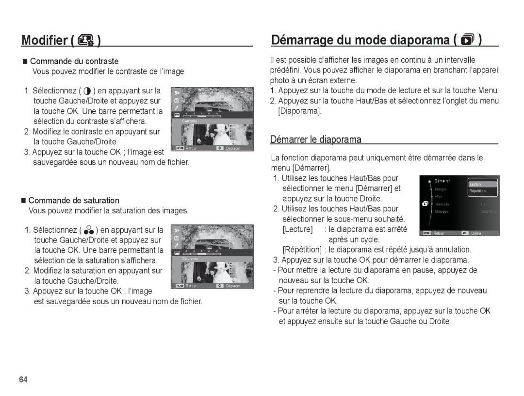 Samsung EC-ES10ZWBA/FR manual Démarrage du mode diaporama , Démarrer le diaporama, Sélection du contraste s’affichera 