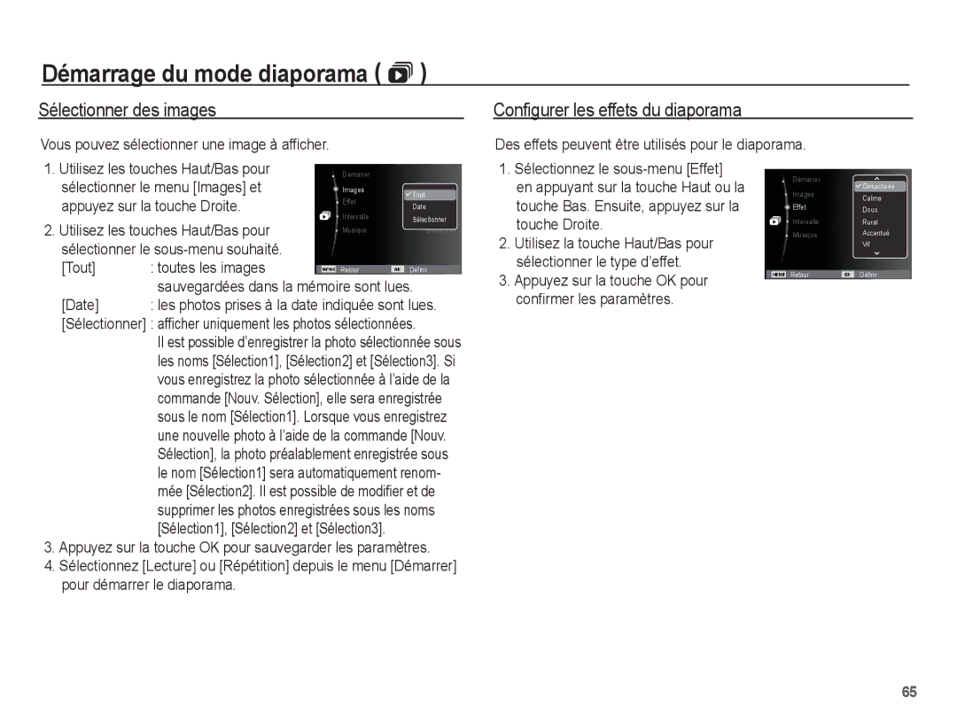 Samsung EC-ES10ZPBA/FR manual Sélectionner des images, Configurer les effets du diaporama, Sélectionner le menu Images et 