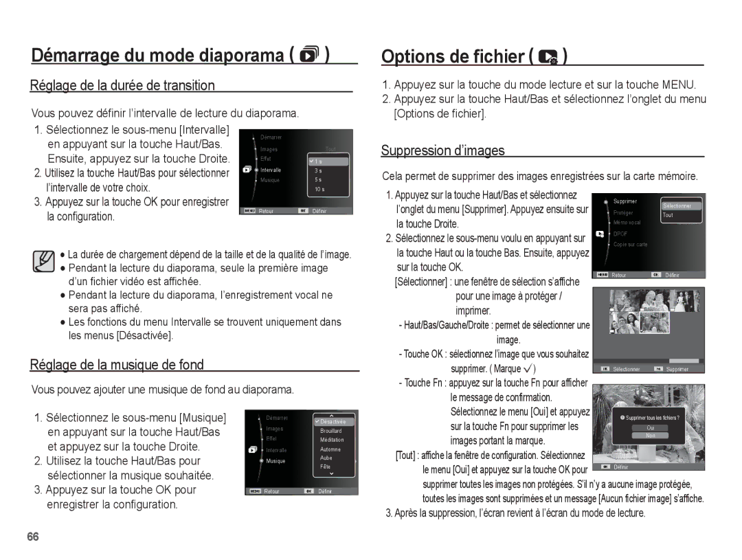 Samsung EC-ES10ZSBA/FR, EC-ES10ZBBA/FR manual Options de fichier, Réglage de la durée de transition, Suppression d’images 