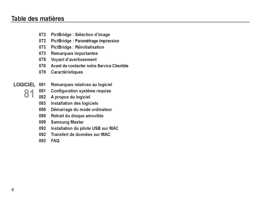 Samsung EC-ES10ZSBA/FR, EC-ES10ZBBA/FR, EC-ES10ZWBA/FR, EC-ES10ZPBA/FR manual Logiciel 