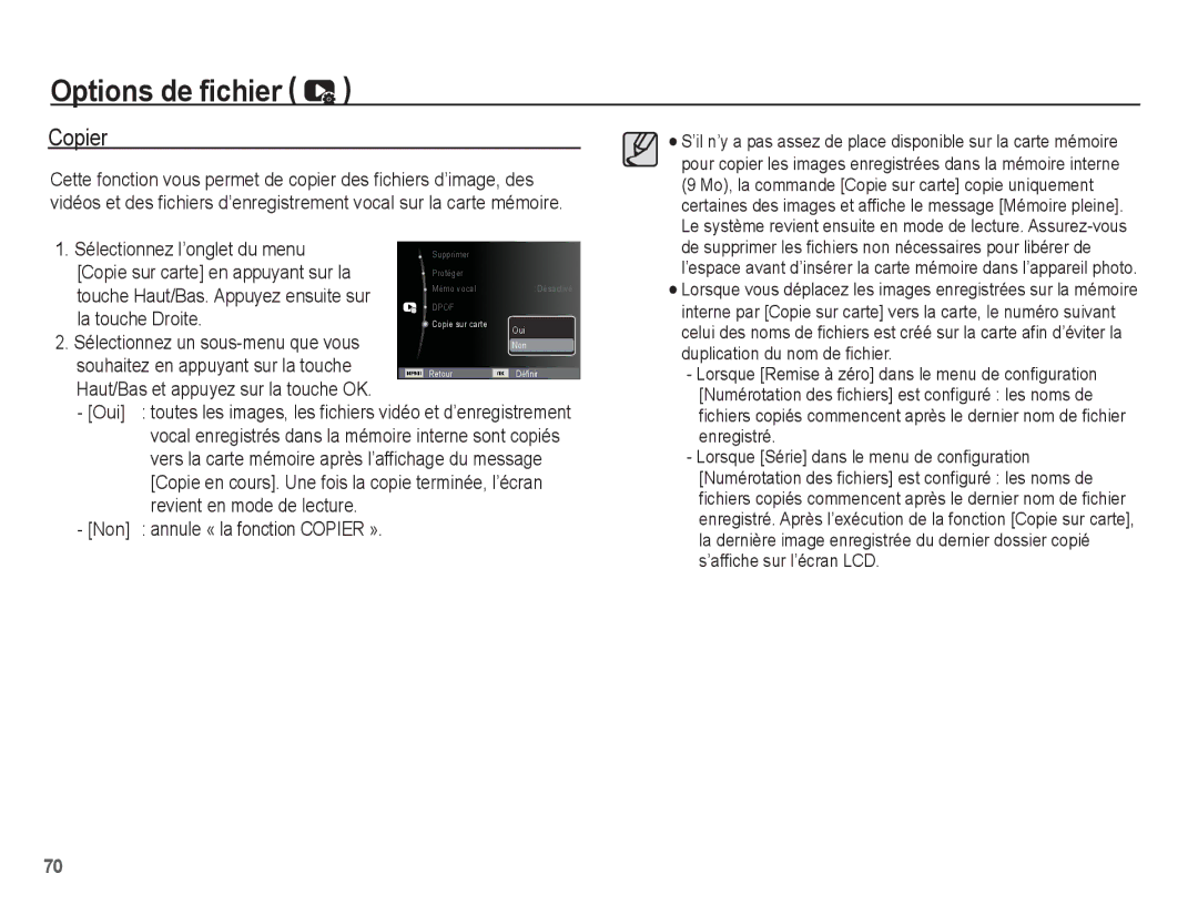 Samsung EC-ES10ZSBA/FR, EC-ES10ZBBA/FR, EC-ES10ZWBA/FR Copier, Sélectionnez l’onglet du menu, La touche Droite, Oui, Non 