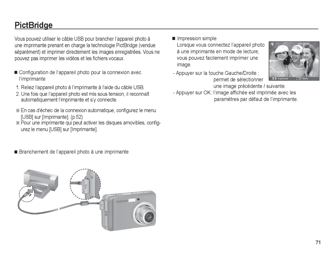 Samsung EC-ES10ZBBA/FR, EC-ES10ZWBA/FR, EC-ES10ZPBA/FR, EC-ES10ZSBA/FR manual PictBridge, Une image précédente / suivante 