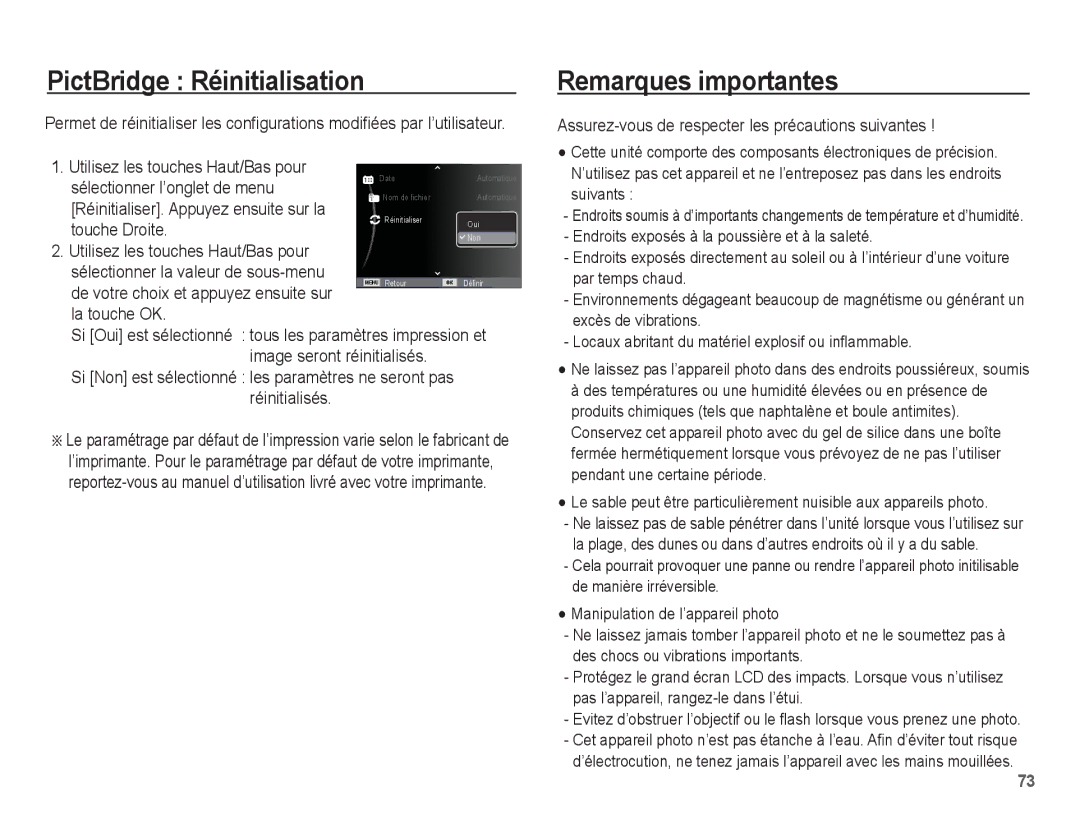 Samsung EC-ES10ZPBA/FR, EC-ES10ZBBA/FR, EC-ES10ZWBA/FR PictBridge Réinitialisation, Remarques importantes, La touche OK 