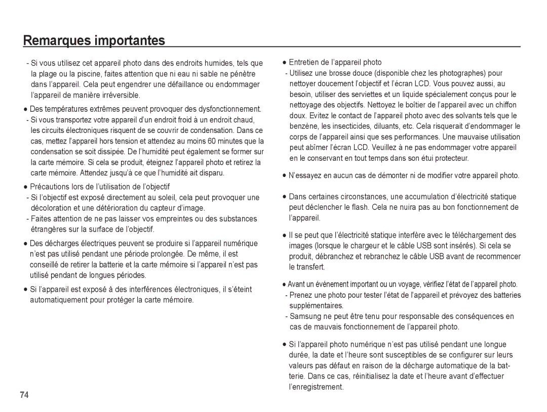 Samsung EC-ES10ZSBA/FR, EC-ES10ZBBA/FR, EC-ES10ZWBA/FR, EC-ES10ZPBA/FR manual Précautions lors de l’utilisation de l’objectif 