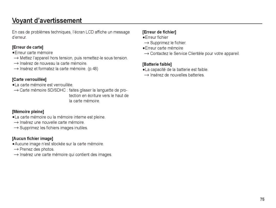 Samsung EC-ES10ZBBA/FR, EC-ES10ZWBA/FR, EC-ES10ZPBA/FR manual Voyant d’avertissement, La carte mémoire est verrouillée 