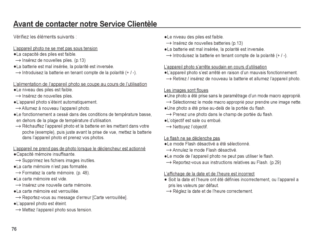 Samsung EC-ES10ZWBA/FR, EC-ES10ZBBA/FR manual Avant de contacter notre Service Clientèle, Vérifiez les éléments suivants 