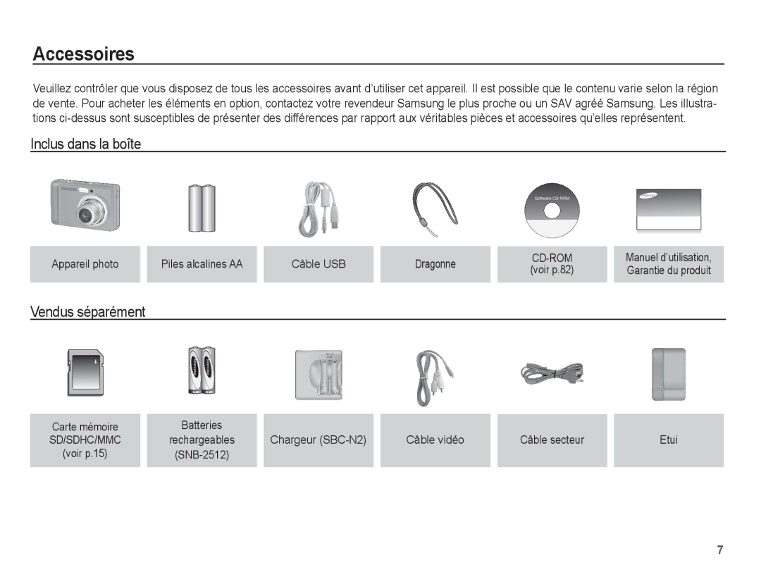 Samsung EC-ES10ZBBA/FR Accessoires, Inclus dans la boîte, Vendus séparément, Chargeur SBC-N2 Câble vidéo Câble secteur 