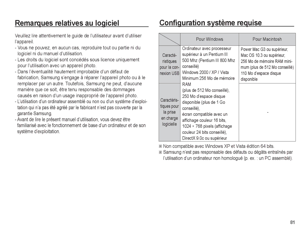 Samsung EC-ES10ZPBA/FR, EC-ES10ZBBA/FR, EC-ES10ZWBA/FR manual Remarques relatives au logiciel, Configuration système requise 