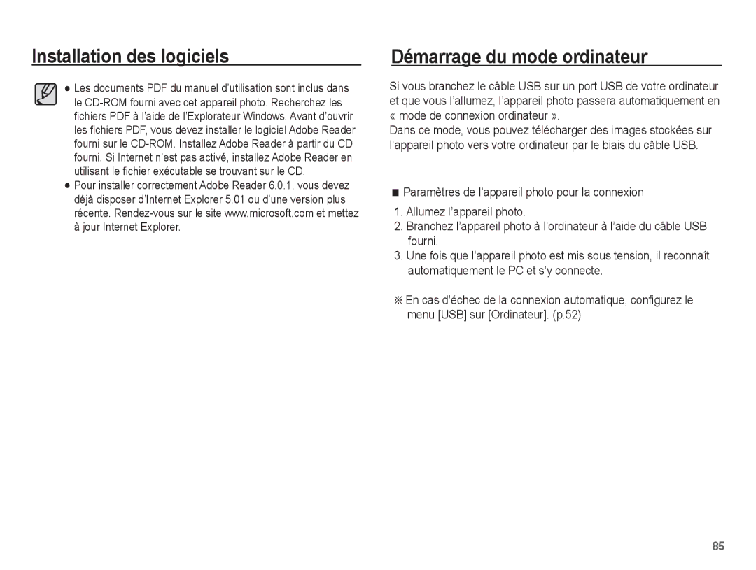 Samsung EC-ES10ZPBA/FR, EC-ES10ZBBA/FR, EC-ES10ZWBA/FR manual Installation des logiciels Démarrage du mode ordinateur 