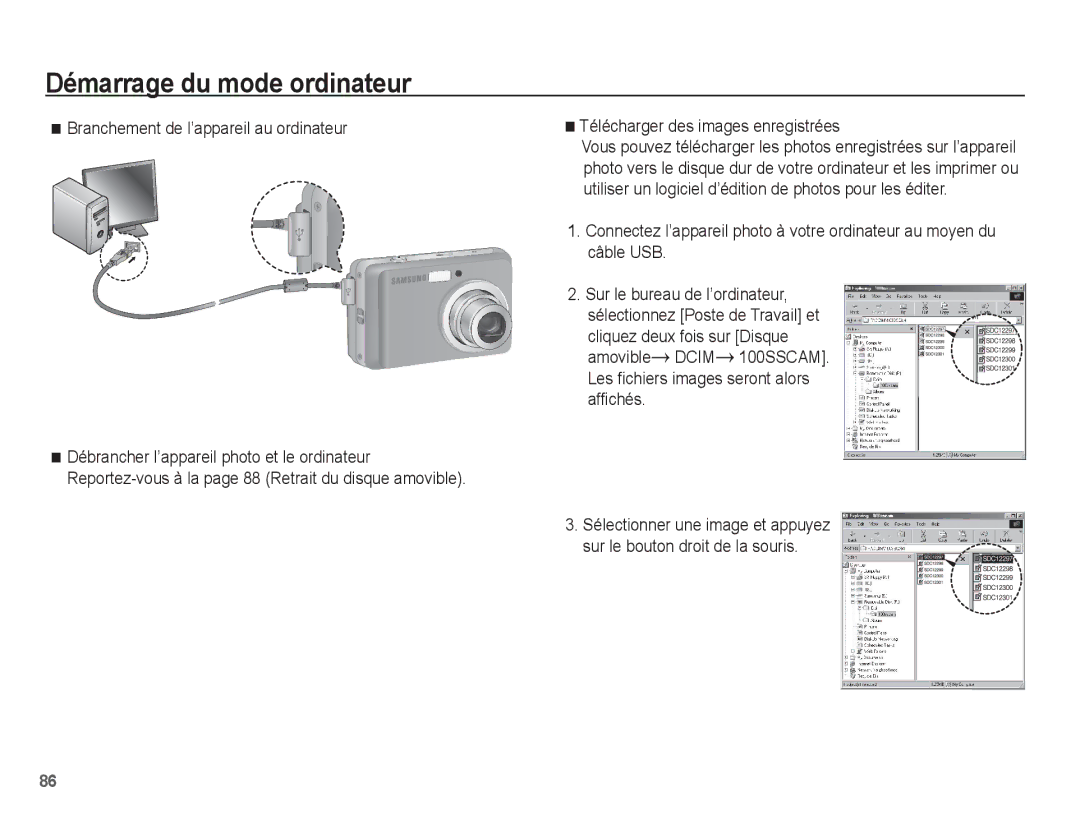 Samsung EC-ES10ZSBA/FR, EC-ES10ZBBA/FR manual Branchement de l’appareil au ordinateur, Télécharger des images enregistrées 