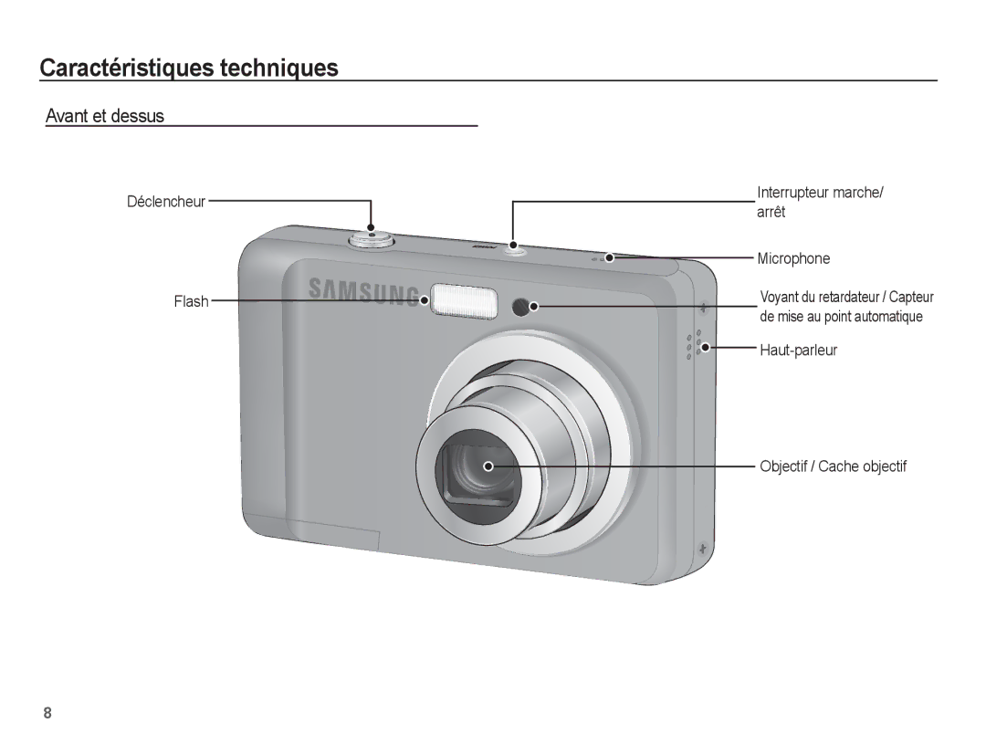 Samsung EC-ES10ZWBA/FR manual Caractéristiques techniques, Avant et dessus, Haut-parleur Objectif / Cache objectif 