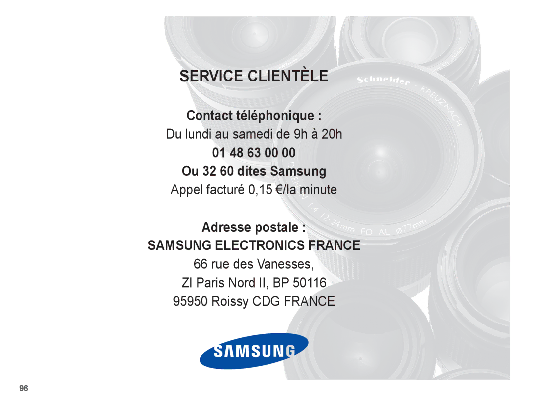 Samsung EC-ES10ZWBA/FR, EC-ES10ZBBA/FR manual Contact téléphonique, 01 48 63 00 Ou 32 60 dites Samsung, Adresse postale 