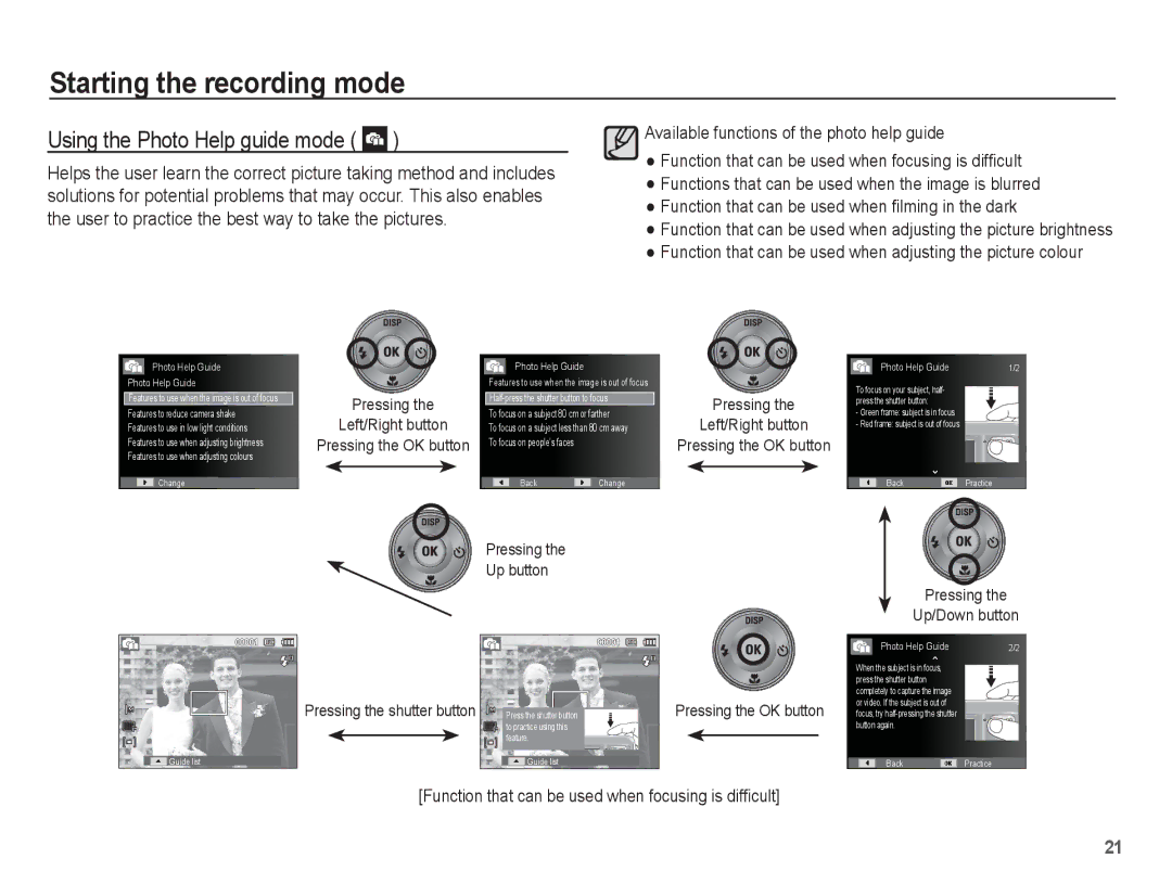 Samsung EC-ES10ZBDA/AE, EC-ES10ZBBA/FR, EC-ES10ZWBA/FR, EC-ES10ZPBA/FR, EC-ES10ZSBA/FR manual Using the Photo Help guide mode 