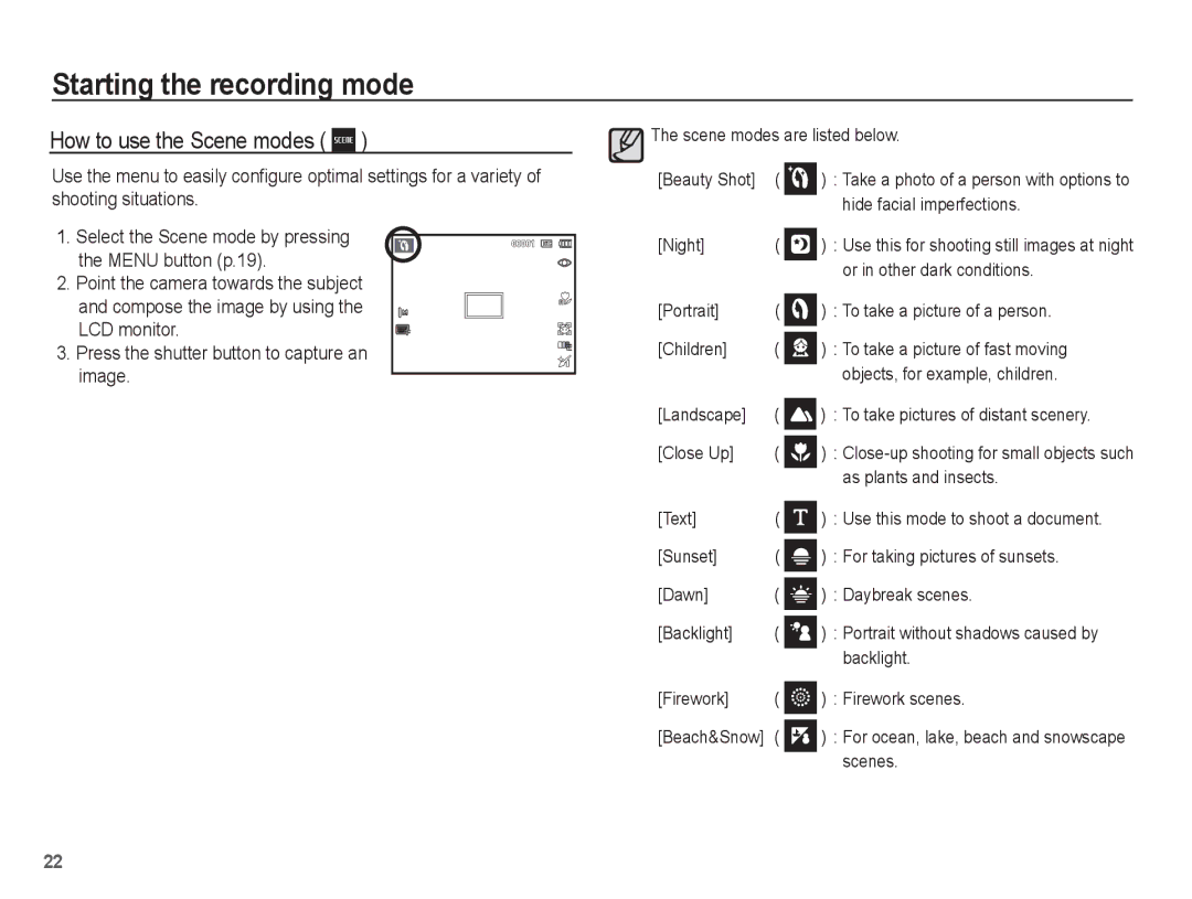 Samsung EC-ES10ZBBA/SA manual How to use the Scene modes, Select the Scene mode by pressing the Menu button p.19, Scenes 