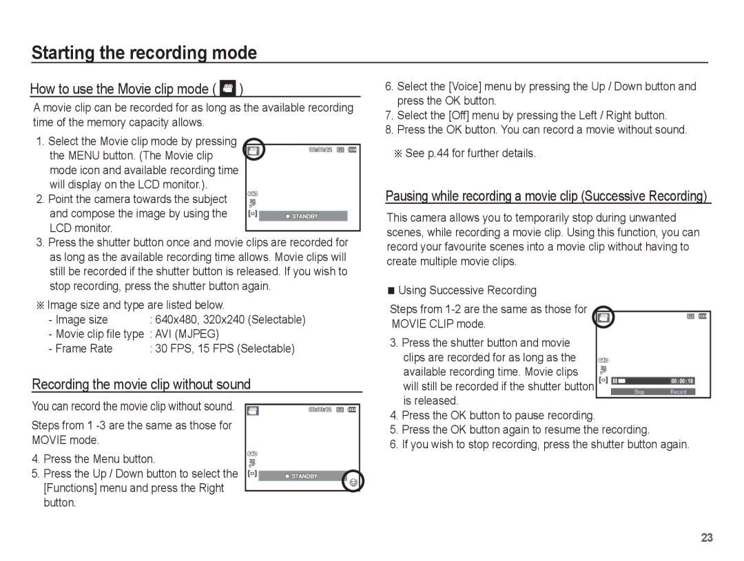 Samsung EC-ES10ZSDA/AE, EC-ES10ZBBA/FR How to use the Movie clip mode, Recording the movie clip without sound, Frame Rate 